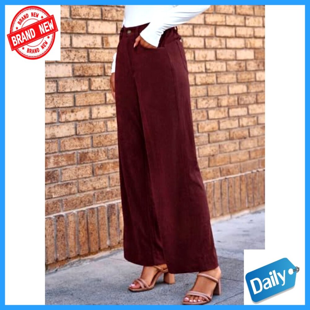 Women's Corduroy Wide Leg Pants High Waisted Elastic Waist Casual Trousers - Picture 6 of 7